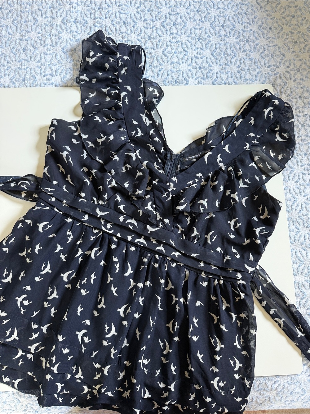 Atmosphere Navy and White Bird-Print Ruffle Tie Detail Top